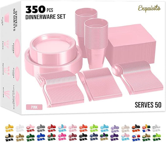 Party Solids 350 Pieces Pink Plastic Plates For Party, Pink Disposable Plates Set, 50 Of Each 9" Dinner Plate Set, 7" Dessert Plate, Cups, Napkins & Cutlery Plastic Dinnerware
