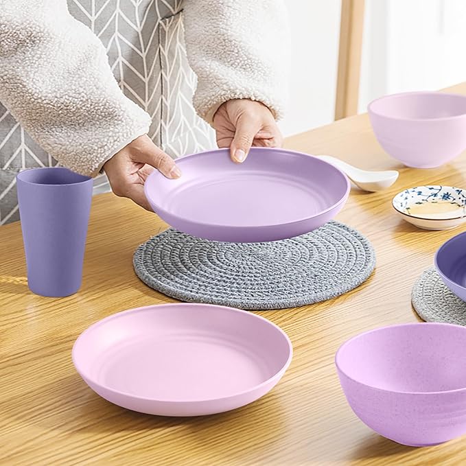 Teivio 32-Piece Kitchen Plastic Wheat Straw Dinnerware Set, Service for 8, Dinner Plates, Dessert Plate, Cereal Bowls, Cups, Unbreakable Colorful Plastic Outdoor Camping Dishes, Purple Ombre
