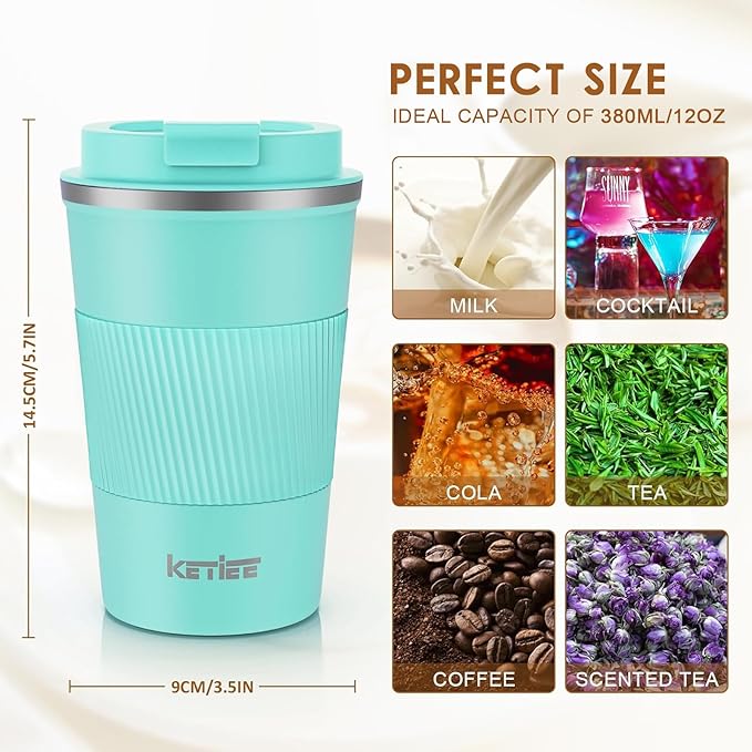 KETIEE Travel Mug 12oz: Vacuum Insulated Coffee Mug with Leakproof Lid, Travel Coffee Mug, Stainless Steel Double Walled Reusable Coffee Cup for Hot and Iced Coffee Tea Water (Blue)