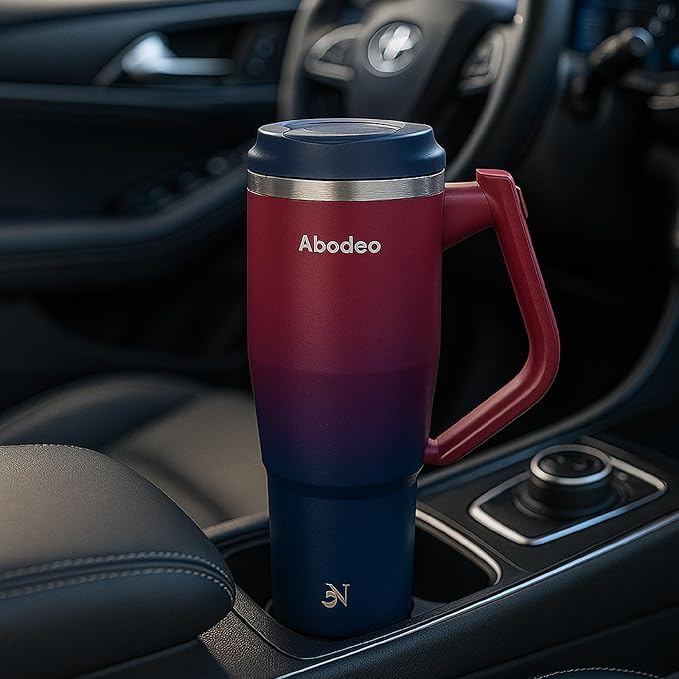 32 oz Stainless Steel Insulated Coffee Tumbler | Straw and Leakproof Lid | Double Wall Vaccum Insulation Tumblers, Travel Coffee Mug with Handle | Fits Most Car Cup Holders (Blue & Red)