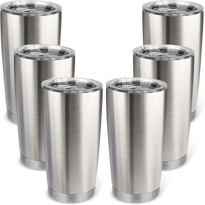 20oz Stainless Steel Tumbler Bulk with Lid, Travel Mug - Double Wall Vacuum Powder Coated Cup - Stainless steel, 6 Pack