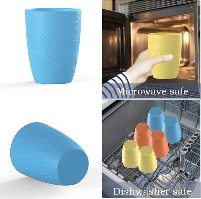 Wrova unbreakable wheat straw cups 12oz set of 6 with textured pattern anti slipping,alternative plastic drinkings cups suitable for hot and cold beverage,Yellow-Orange-Blue