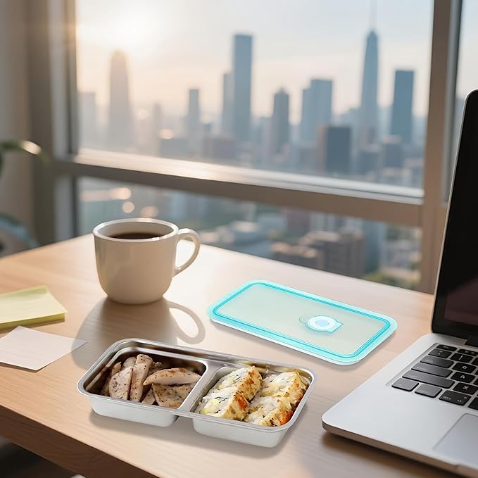 Stainless Steel Snack Containers - Reusable Double Compartment Bento Box with Lids, Leakproof & Dishwasher-Safe Food Storage for Travel, Camping, Takeout