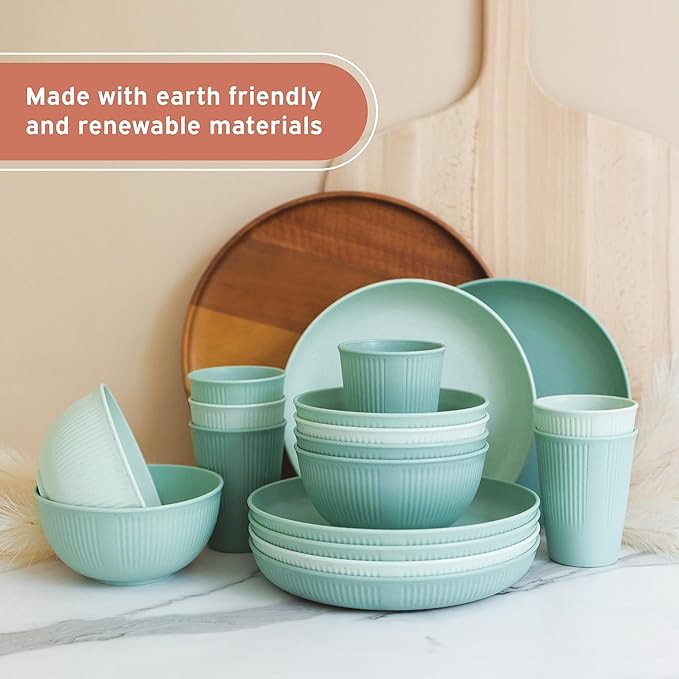 Wheat Straw Dinnerware Sets for 6, Microwave and Dishwasher Safe, Reusable and Durable, Unbreakable Cups, Plates and Bowls Sets, Lightweight Dishes for Kitchen, RV, Camping, Kids, 18-piece Sage