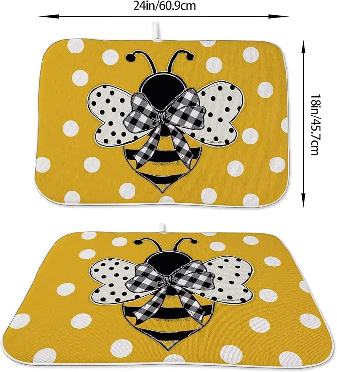 Summer Dish Drying Mat 18 x 24 inch Yellow Bumble bee Polka Dots Decorative Drying Mats Microfiber Absorbent Dish Washable Draining Mat for Kitchen Counter Decor