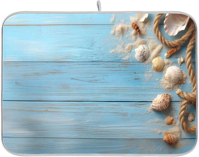 Summer Beach Seashells Dish Drying Mat for Kitchen Counter Super Absorbent Dishes Pad Reversible Microfiber Protector Dish Draining Mats 16x18 inch