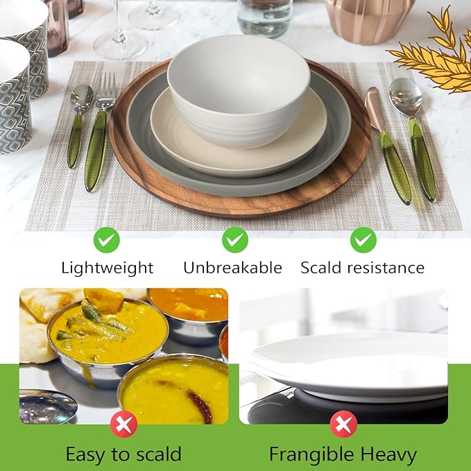 Teivio 32-Piece Kitchen Plastic Wheat Straw Dinnerware Set, Service for 8, Dinner Plates, Dessert Plate, Cereal Bowls, Cups, Unbreakable Colorful Plastic Outdoor Camping Dishes, Gray Stone