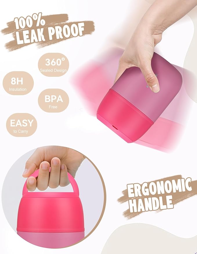 17oz Soup Thermo for Hot Food Adults Insulated Food Jar Thermo Hot Food Lunch Container Wide Mouth Stainless Steel Lunch Box for Kids with Folding Spoon Cleaning Brush Pink