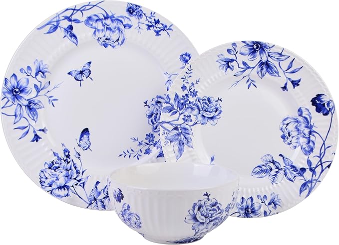 222 Fifth 12-Piece Porcelain Dinnerware Set for 4, White & Blue Plates and Bowls Set, Glossy Ceramic Dish Set with Embossed Toile Pattern, Elegant Kitchen Dishes, Microwave & Dishwasher Safe, Cassian