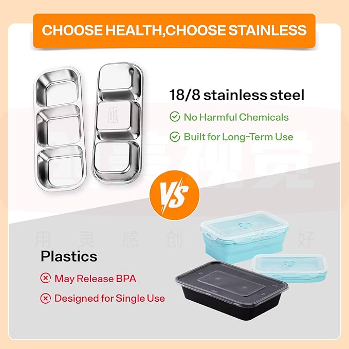 Stainless Steel Snack Containers, Reusable Snack Containers with Lids Stainless Steel Lunch Box with 3 Compartment Divided Food Storage for Home Work Travel Outdoor Camping (Orange 1 Pack)