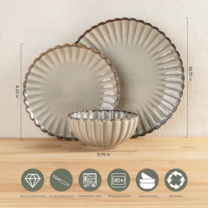 GBHOME Stoneware Dinnerware Sets for 4,Handcrafted Embossed Design Reactive Glaze Ceramic Plates and Bowls, Dishwasher and Microwave Safe, Service for 4(12pcs)