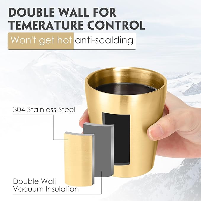 8 Pack Stainless Steel Insulated Cup Metal Tumbler Double Wall Vacuum Water Glasses Camping Reusable Mugs Bbq Home Office Party Coffee (Gold,10 oz)