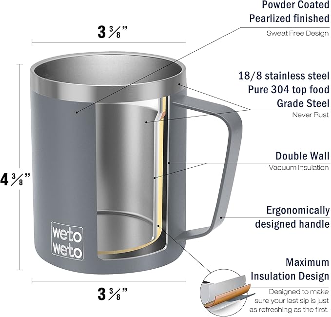 WETOWETO 14 oz Coffee Mug, Vacuum Insulated Camping Mug with Lid, Double Wall Stainless Steel Travel Tumbler Cup, Coffee Mugs Outdoor, Powder Coated Cool Grey