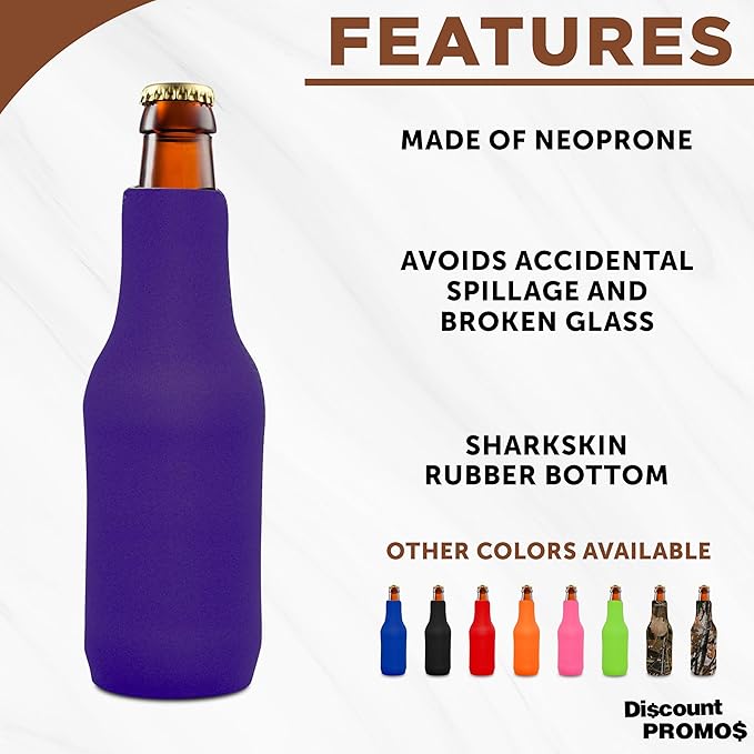 10 Neoprene Zippered Beer Bottle Coolies Pack - Sharkskin Rubber Bottom - Purple
