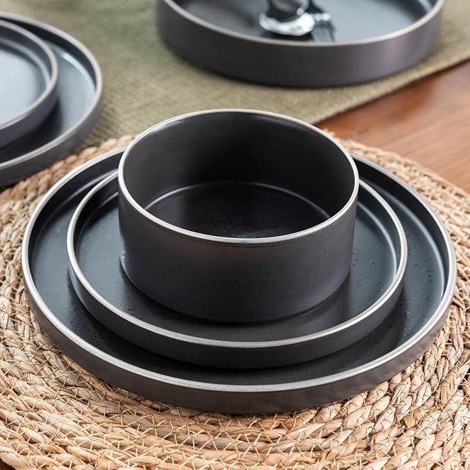 LERATIO Ceramic Dinnerware Sets for 6, High Edge Stoneware Plates and Bowls Set, Chip and Crack Resistant | Oven & Dishwasher & Microwave Safe Dishes Set, Service for 6 -Speckeld Black