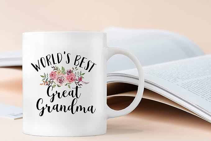 QASHWEY World's Best Great Grandma Floral Coffee Mugs Mug, Great Grandma Birthday Mother's Day Gifts From Great Grandkids, Best Great Grandmother Gifts Double Side Printed Ceramic Mug Cup 11 Ounce