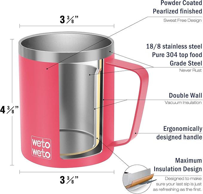 WETOWETO 14 oz Coffee Mug, Vacuum Insulated Camping Mug with Lid, Double Wall Stainless Steel Travel Tumbler Cup, Coffee Mugs Outdoor, Powder Coated Watermelon Red