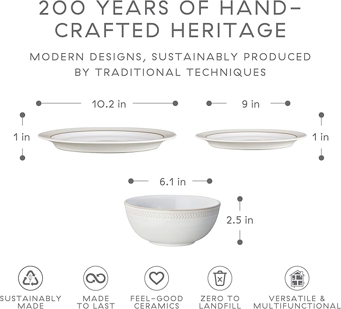 Denby - Natural Canvas Coupe Dinner Set For 4-12 Piece Stoneware Tableware Set - Dishwasher Microwave Oven Safe - Scratch Chip Resistant