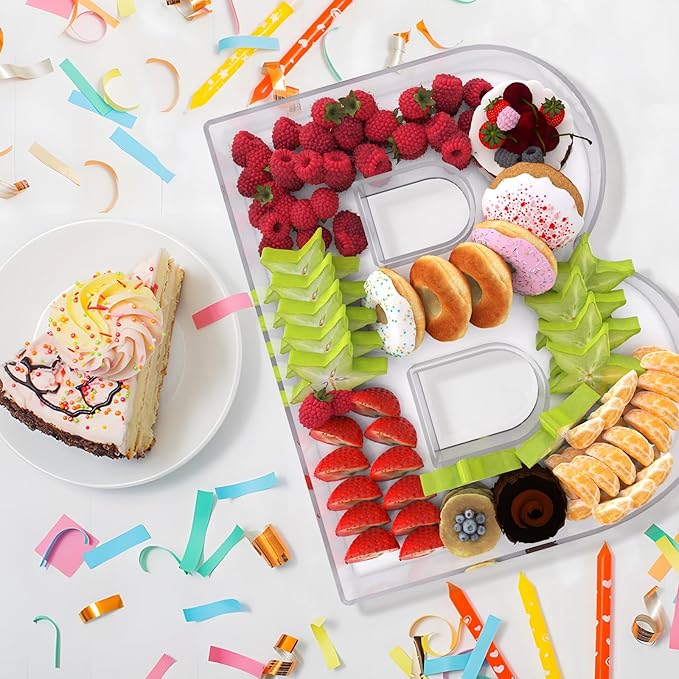 11" Acrylic Letter Charcuterie Box, Reusable Fillable Alphabet Number Shaped Form Tray for Birthday Anniversaries, Party Decorative Serving Plates Display Candy Cake (B)