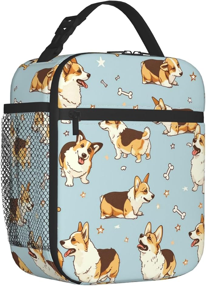 Reusable Corgi Lunch Box for Kids Girls Boys Women Adult, Insulated Cute Bone Lunch Bag,Polyester Cooler Dog Handbags Case for School Picnic Work Travel Beach or Hiking (Light Blue)