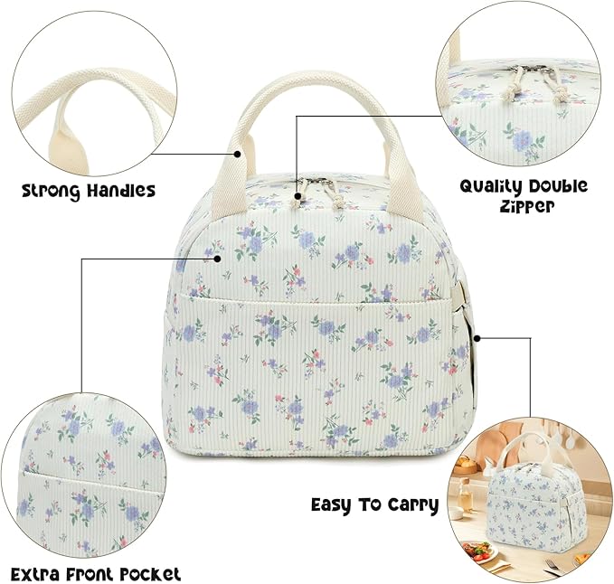 Bluboon Lunch Bag for Women Men Cute Corduroy Lunch Tote Bags Reusable Insulated Lunch Box Large Capacity Reusable Insulated Cooler for Work Picnic or Travel