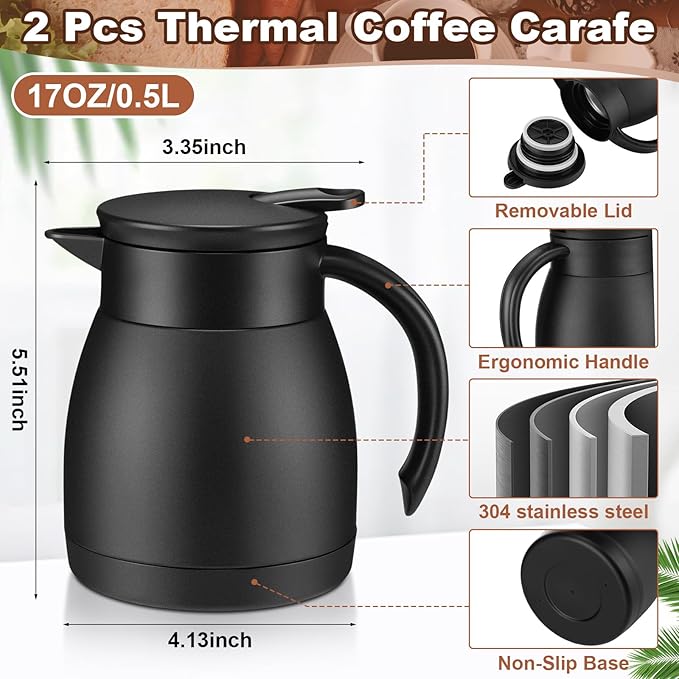 Uiifan 2 Pcs Thermal Coffee Carafe Insulated Stainless Steel Coffee Carafes for Keeping Hot and Cold Double Walled Vacuum Thermal Pot Flask with Brush for Water Milk Tea Home and Office(Black,17oz)