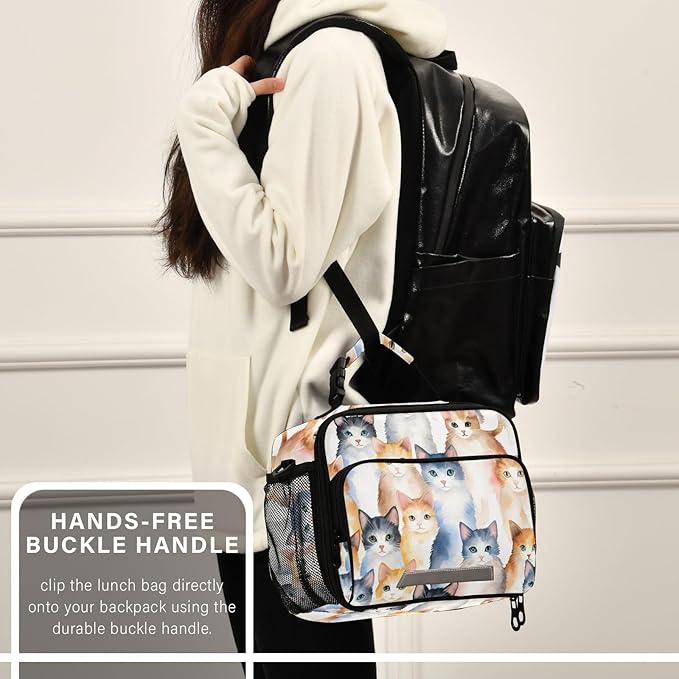 ALAZA Cat Girls Lunch Box Kids Lunchbox Insulated Reusable Meal Container Lunchbag with Shoulder Strap