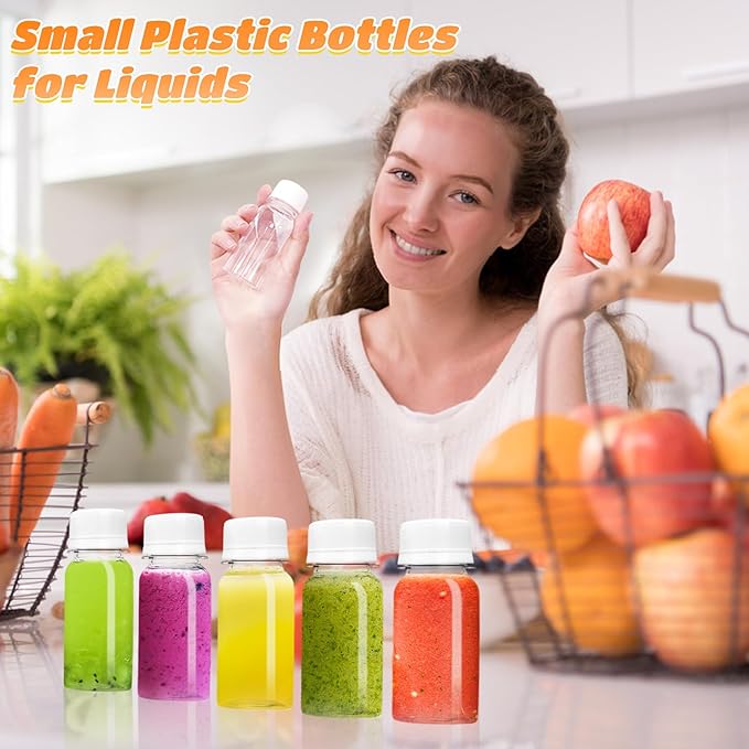 30 Pcs 2 Oz Small Plastic Bottles for Liquids,Ginger Shot with Caps,Empty Shot Bottles for Liquor,Juice,Weddings,Parties,DIY