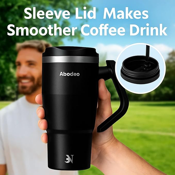 40 oz Insulated Coffee Tumbler, Stainless Steel Tumblers with Rotatable Handle, Straw & Leak Proof Lid | Travel Coffee Mug, Double Wall Insulation - Fits Most Car Cup Holders (Black)