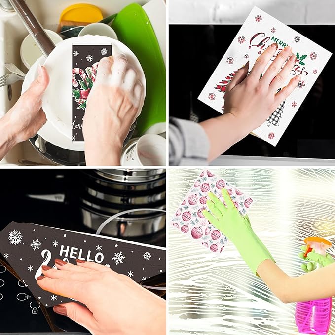 Winter Christmas Swedish Dishcloths for Kitchen - 6PCS Joy to the World Swedish Cloths for Washing Dishes, Snowman Merry Xmas Reusable Dish Towels, Holiday Winter Washable Cleaning Sponge Gift