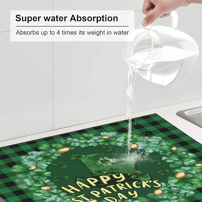 St Patricks Day Hat Lucky Shamrock 17 March Green Buffalo Plaid Irish Drying Mat 16x18 Inch For Kitchen Counter Drying Mats Dish For Kitchen Counter Easy Clean Kitchen