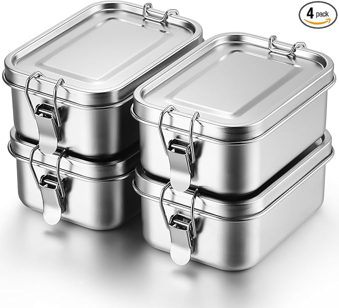 Umigy 4 Pcs Stainless Steel Food Containers Metal Bento Lunch Box Stainless Steel Food Storage Containers, Lockable Clips to Leak Proof, Reusable Dishwasher Snack Boxes for Work (550ml)