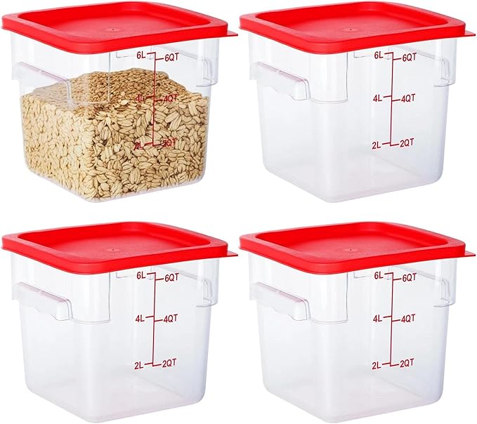 4 Pack Food Storage Containers, 6 Quart with Lids, Square Commercial Containers with Scale, NSF, Polycarbonate, Clear