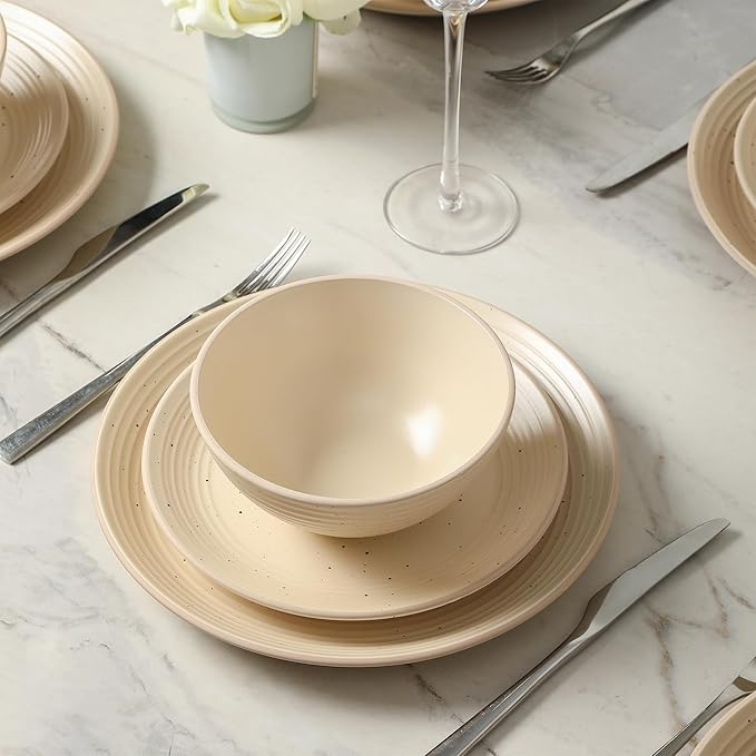 Stone Lain Lauren Modern Stoneware 32-piece Round Dinnerware Set, Plates and Bowls Set, Dish set for 8, Beige
