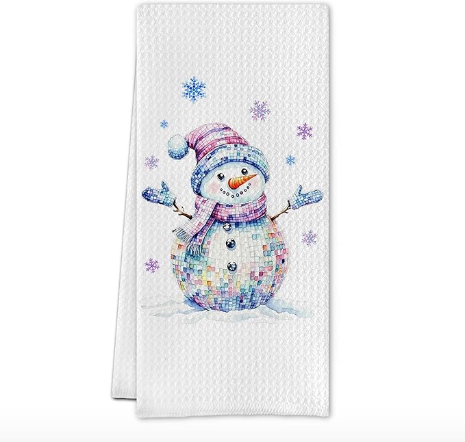 Trendy Disco Snowman Winter Kitchen Towels, Glitter Christmas Snowman Dish Tea Towels, Holiday Winter Snowflake Christmas Decorative Hand Towel for Kitchen Bathroom, 16x24 Inch