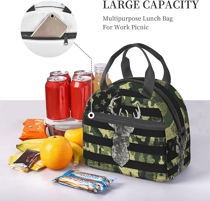 American Flag Deer Camo Reusable Insulated Lunch Box Waterproof Lunch Bag with Detachable and Adjustable Shoulder Strap for Office Picnic or Travel