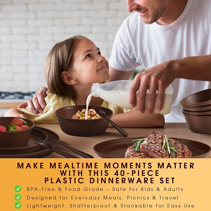 40-Piece Unbreakable Kids Dinnerware Set for Toddlers & Children, BPA-Free & Easy-Clean PP Plates and Bowls, Microwave & Dishwasher Safe, Complete Family Pack (Service for 8)