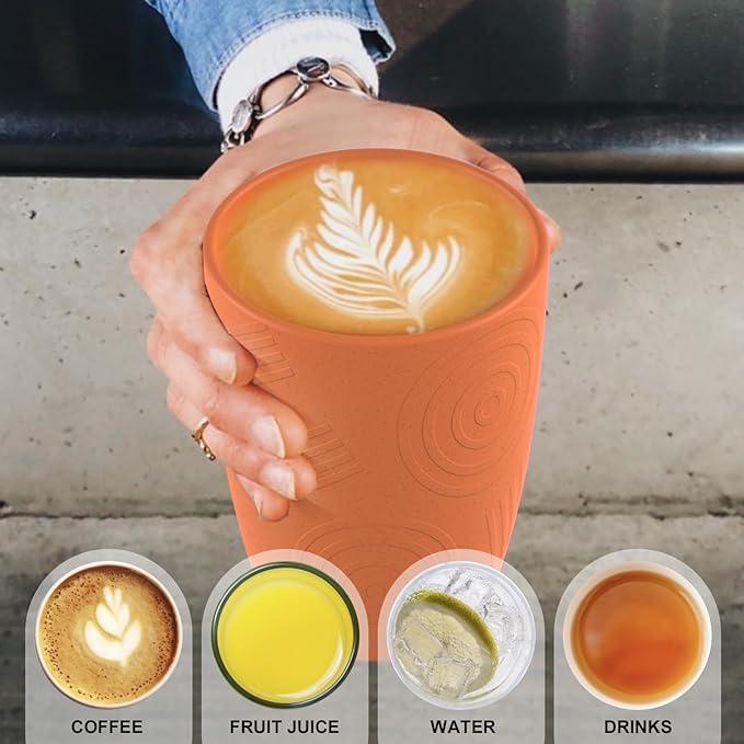 Wrova unbreakable wheat straw cups 12oz set of 6 with textured pattern anti slipping,alternative plastic drinkings cups suitable for hot and cold beverage,Yellow-Orange-Blue