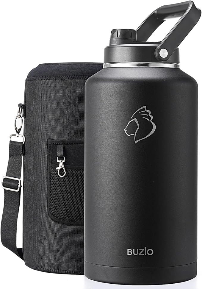 BUZIO 2 Gallon Water Bottle Insulated, (Cold for 48 Hrs) 256oz Extra Large Water Jug Stainless Steel, 4.4in Big Wide Mouth Leak Proof Metal Flask with Handle for Camping,Outdoor Work,Travel, Black