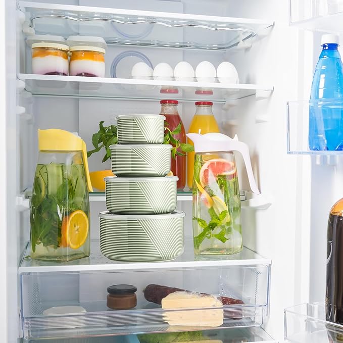 Ceramic Nesting Bowls with Lids: Mixing Bowls with Lids - Porcelain Food Storage Containers For Prep and Serving, Microwavable Kitchen Bowl Set of 4, 50/32/20/10 oz (Green)