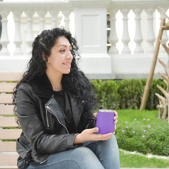 MEWAY 12oz/8 Pack Wine Tumbler Glasses with Lid - Stemless Double Wall Vacuum Stainless Steel Travel Tumbler - Keeping Cold & Hot for Wine,Coffee,Cocktails,Gifts (Purple,Set of 8)