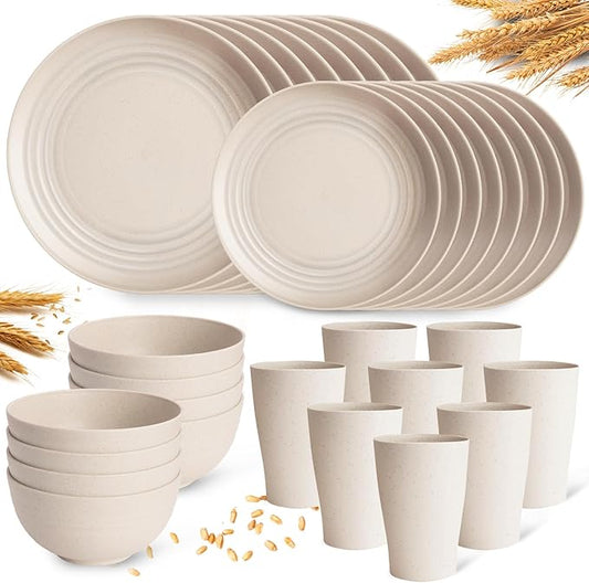 Cream Plastic Plates and Bowls Sets Dishwasher and Microwave Safe Wheat Straw Dinnerware Sets for 8,Reusable Plastic Dishes Set Lightweight Unbreakable for Kitchen Camping Outdoor RV 32 Pcs
