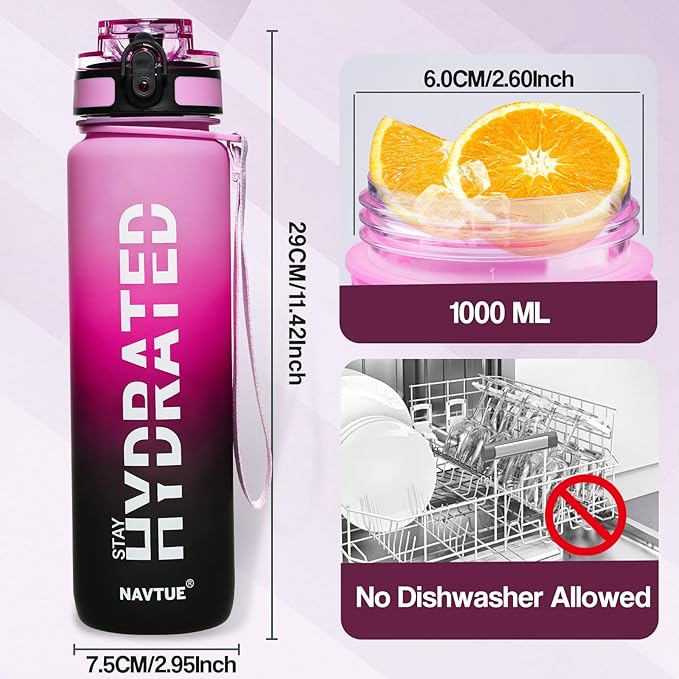 Water Bottle, 32oz Sports Water Bottles with Time Marker Wide Mouth, Motivational and Leakproof Drink Bottle, BPA Free Tritan with Carry Strap for Gym Fitness Outdoor (Direct Drink 1 Bottle)