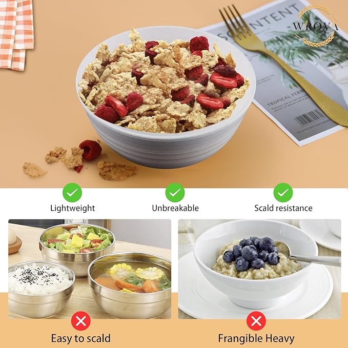 Wrova Wheat Straw Bowls Set of 8, Unbreakable White Cereal Bowl 26OZ, Microwave and Dishwasher Safe Oatmeal Bowls, Kitchen Bowl Suitable for Cereal,Salad,Snack (White)