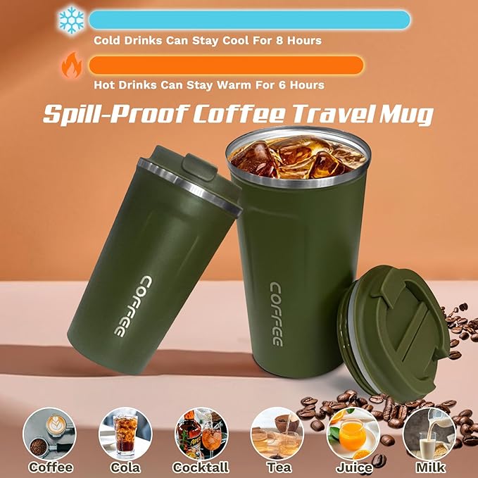 Travel coffee mugs leak-proof, reusable coffee cups with lids, stainless steel vacuum thermos coffee tumblers,thermal insulation cups for men and women hot & cold drinks(2nd-Green, 12OZ)