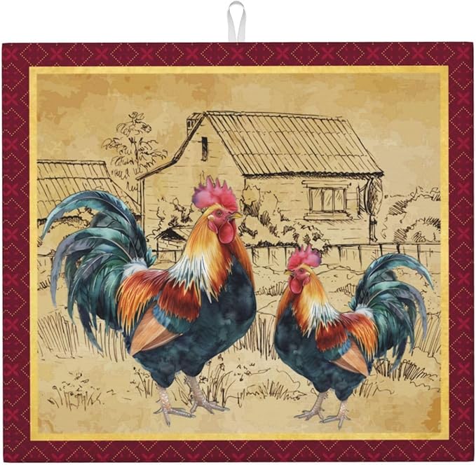 Rooster Farmhouse Rustic Wood Chicken Drying Mat 16x18 Inch For Kitchen Counter Drying Mats Dish For Kitchen Counter Easy Clean Kitchen