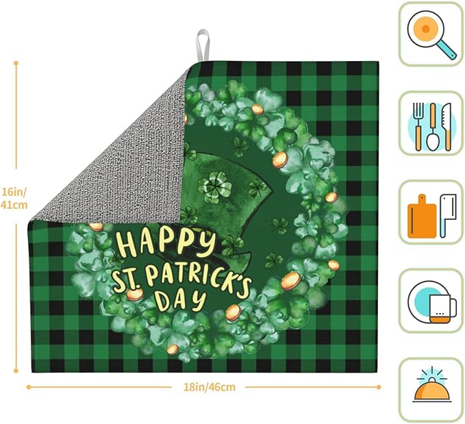 St Patricks Day Hat Lucky Shamrock 17 March Green Buffalo Plaid Irish Drying Mat 16x18 Inch For Kitchen Counter Drying Mats Dish For Kitchen Counter Easy Clean Kitchen