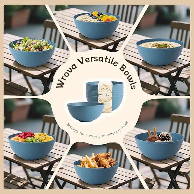 Wrova Wheat Straw Salad Bowls for Kitchen set of 6,Anit-Scald Thick Soup Bowls 40oz,Microwave and Dishwasher Safe Bowl set easy to clean. Blue