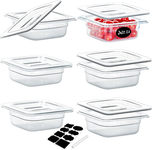 6 Pack NSF Food Pans with Lids, 1/6 Size 2.6'' Deep Commercial Food Storage Containers, Polycarbonate, Clear