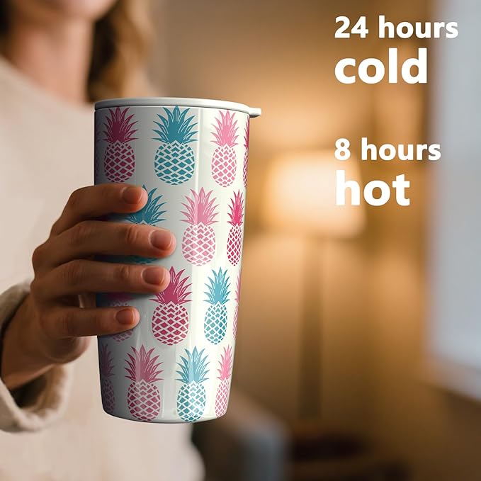 TILUCK 20 oz Tumbler with Leak-Proof Lid, Vacuum Insulated Stainless Steel Coffee Mug, Double-Walled Travel Tumbler for Hot and Cold Drinks(Pineapple, 20oz)